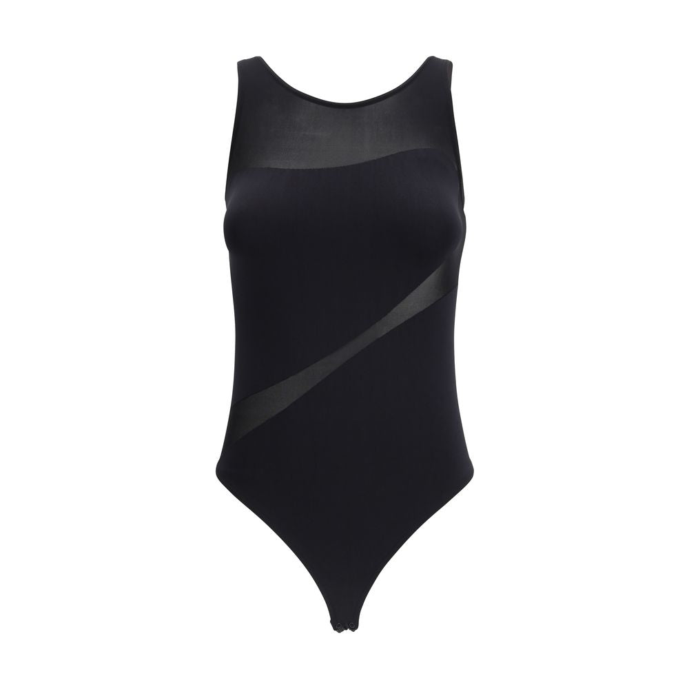 Bodysuit by Wolford for women in stretch polyamide cotton black & patterned features an exquisite silhouette with a refined round neckline and exquisite sleeveless detailing.