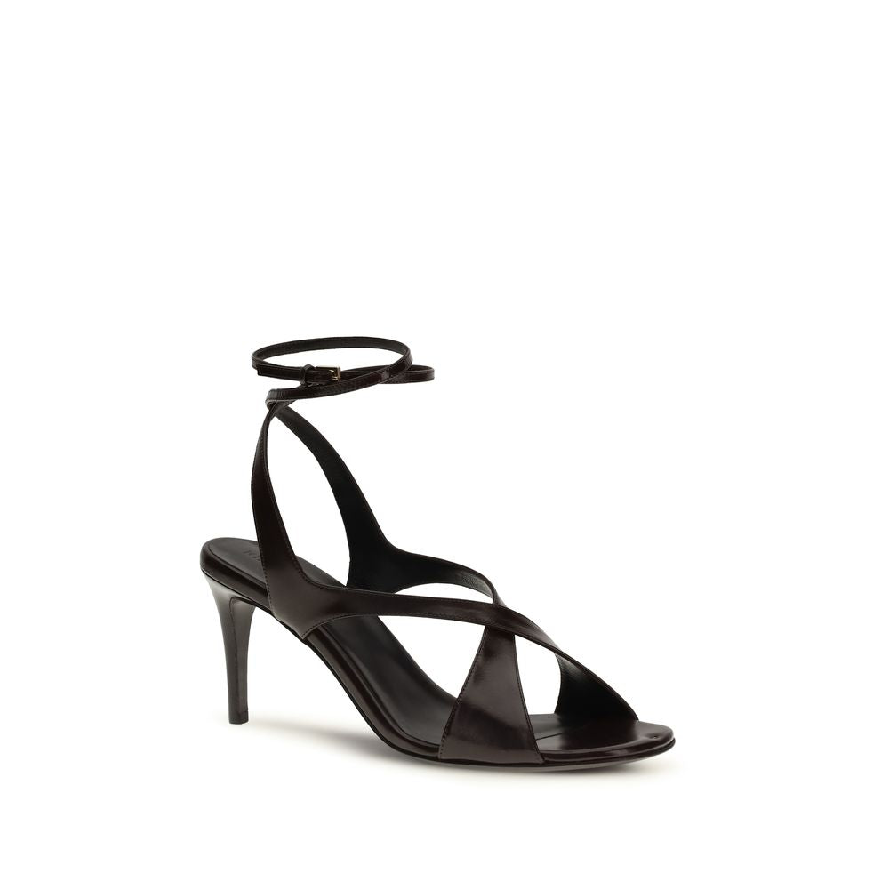 Stiletto Ankle Strap Sandals by Khaite for women in bos taurus calf leather and brown presents a captivating silhouette, showcasing the signature style of the Women's Bos Taurus Calf Leather Stiletto Ankle Strap Sandals with a captivating stiletto and captivating .