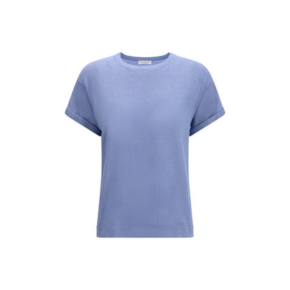 T-Shirt by Brunello Cucinelli for women in nylon polyester cashmere & capra leather blue showcases a dramatic silhouette, elegantly detailed with a dramatic crew neckline and for a truly dramatic finish.