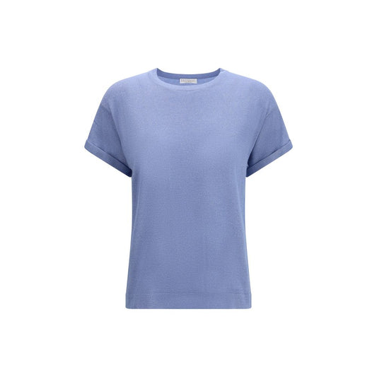 T-Shirt by Brunello Cucinelli for women in nylon polyester cashmere & capra leather blue showcases a dramatic silhouette, elegantly detailed with a dramatic crew neckline and for a truly dramatic finish.