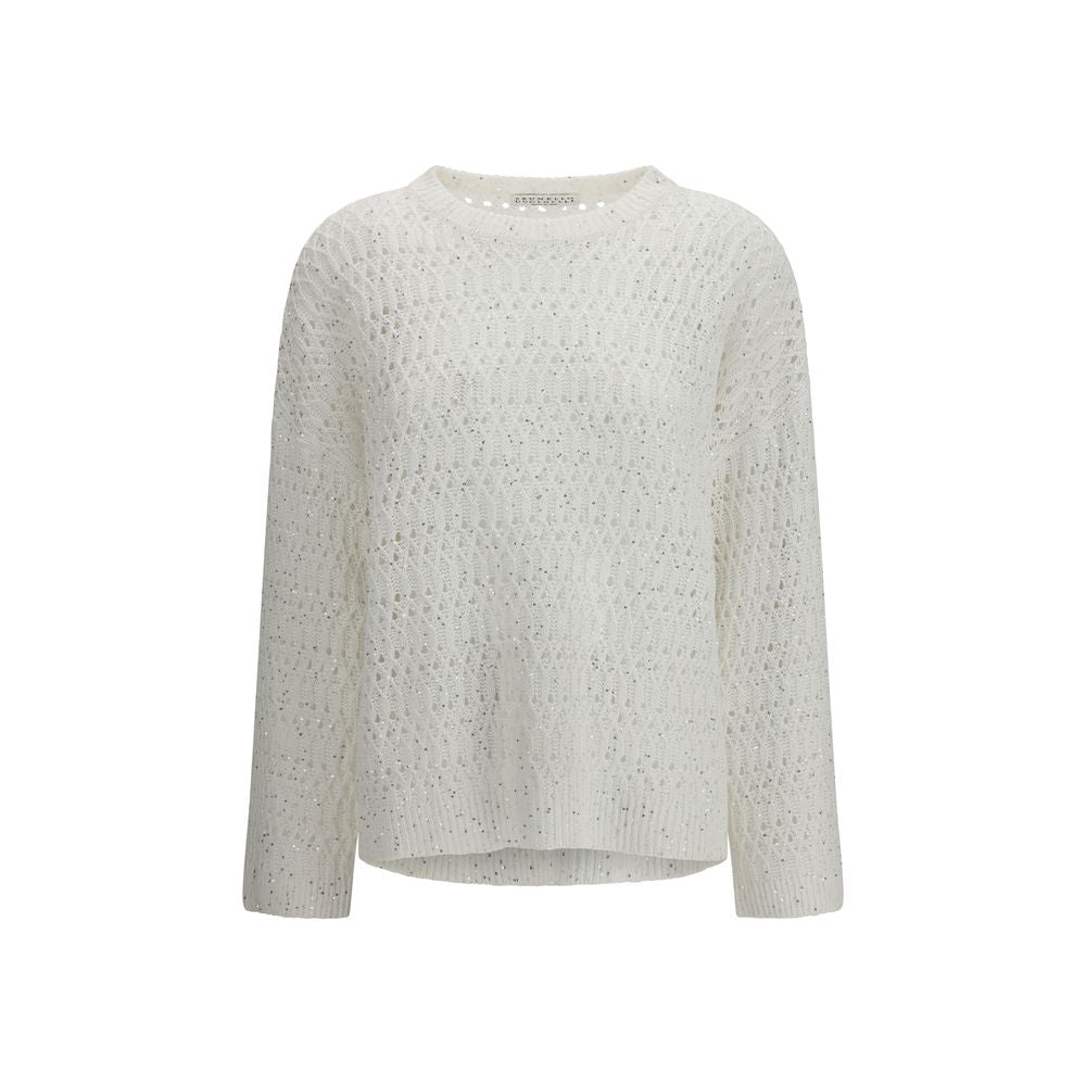 Sweatshirt by Brunello Cucinelli for women in silk nylon & sequins white features an provocated silhouette, detailed with a provocated long-sleeve and a refined crew neckline for a sophisticated aesthetic.