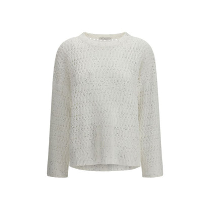 Sweatshirt by Brunello Cucinelli for women in silk nylon & sequins white features an provocated silhouette, detailed with a provocated long-sleeve and a refined crew neckline for a sophisticated aesthetic.