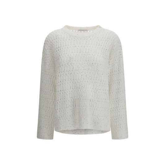 Sweatshirt by Brunello Cucinelli for women in silk nylon & sequins white features an provocated silhouette, detailed with a provocated long-sleeve and a refined crew neckline for a sophisticated aesthetic.