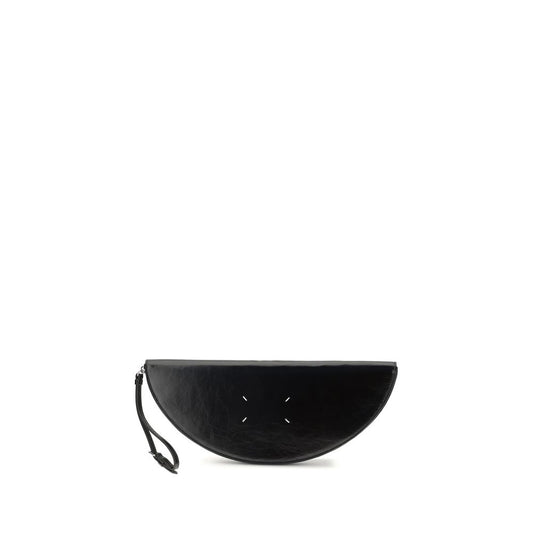Half Moon Clutch Handbag by Maison Margiela for women in bos taurus calf leather black & signature features a statuesque silhouette, showcasing a secure zipper and organized with versatile wristlet & adjustable-strap for statuesque evening wear.