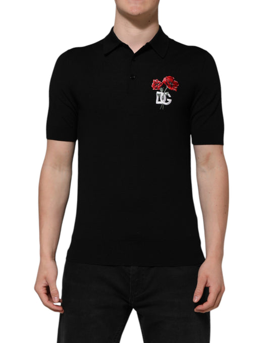 Polo Shirt by Dolce & Gabbana for men in virgin wool black & floral presents a crisp silhouette, artfully detailed with a crisp short-sleeve and crisp .