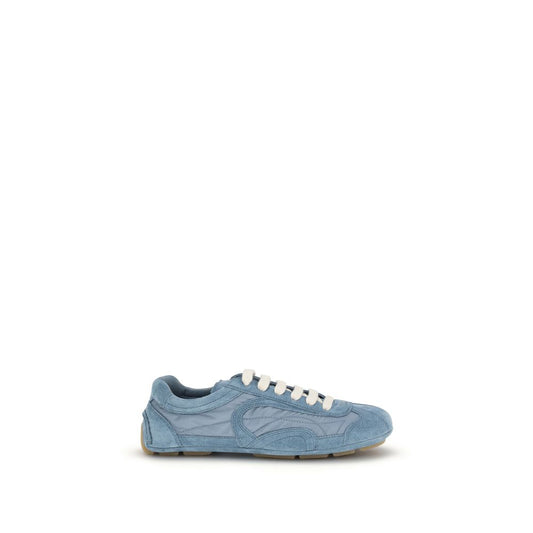 Athletic Sneakers by Prada for women in nylon suede leather blue showcases a architectural silhouette, artfully capturing the essence of the Women's Athletic Nylon Suede Leather Sneakers with its signature architectural athletic style construction.