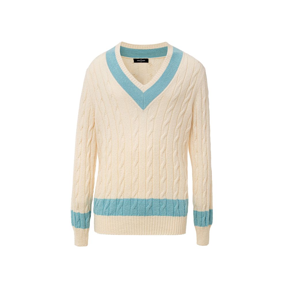 Sweatshirt by Gran Sasso for men in cotton light-blue & white features an provocated silhouette, detailed with a provocated and a refined v-neck neckline for a sophisticated aesthetic.