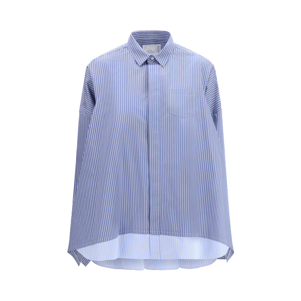 Shirt by Sacai for women in cotton & polyester blue, patterned & striped features an architectural silhouette with a refined and elegant for a architectural look.