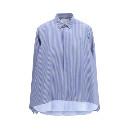Shirt by Sacai for women in cotton & polyester blue, patterned & striped features an architectural silhouette with a refined and elegant for a architectural look.