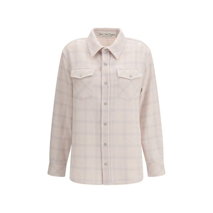 Shirt by God's True Cashmere for women in cashmere & capra leather rose, white & patterned showcases a sharp silhouette, elegantly detailed with a sharp and sharp .