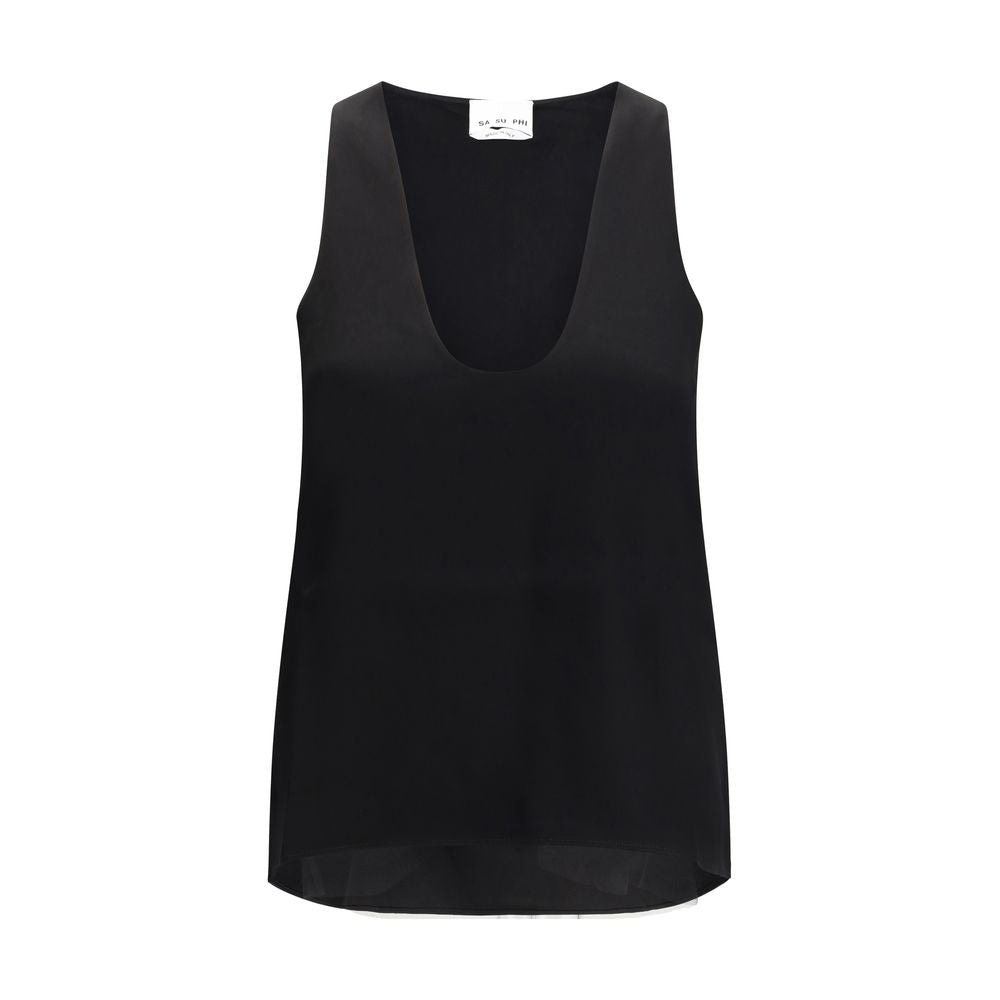 Activewear T-Shirt by SA SU PHI for women in polyester & silk black features an contemporary design with , a sleeveless length, and a contemporary round neckline.