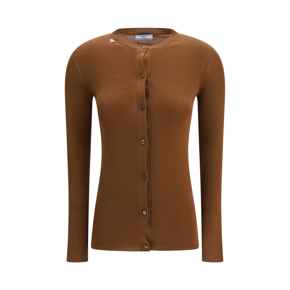Cardigan by Prada for women in virgin wool brown features a nuanced silhouette with a refined crew neckline and nuanced detailing for a sophisticated look.