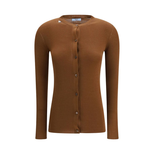 Cardigan by Prada for women in virgin wool brown features a nuanced silhouette with a refined crew neckline and nuanced detailing for a sophisticated look.