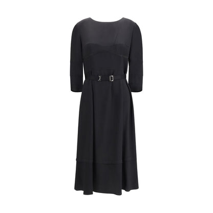 Dress by Prada for women in mohair wool silk & nylon black showcases a striking silhouette, elegantly detailed with a long-sleeve, refined round neckline, and a striking midi for a striking finish.