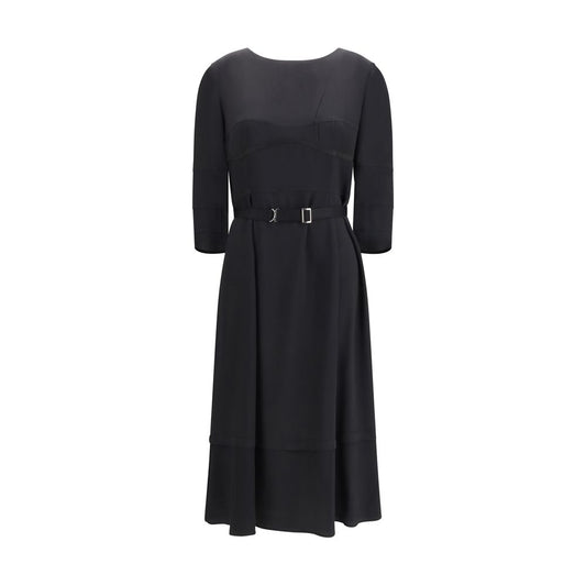 Dress by Prada for women in mohair wool silk & nylon black showcases a striking silhouette, elegantly detailed with a long-sleeve, refined round neckline, and a striking midi for a striking finish.