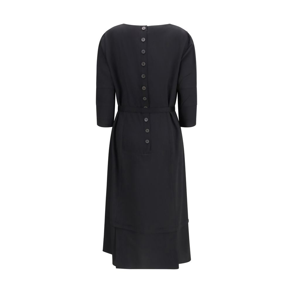 Dress by Prada for women in mohair wool silk & nylon black features a dramatic silhouette, showcasing an elegant round neckline and that flows into a dramatic midi.