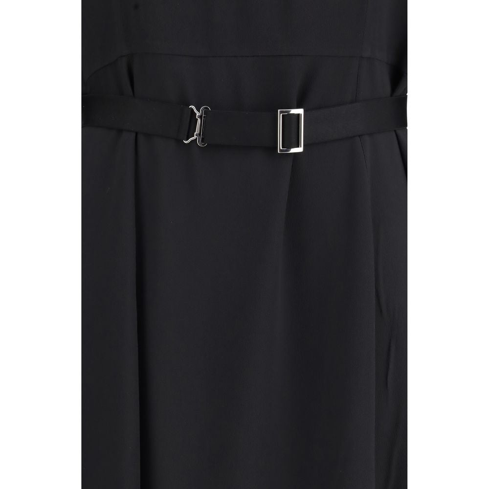 Dress by Prada for women in mohair wool silk & nylon black features an eye catching silhouette with a sophisticated , elegant , and a refined midi for a eye catching aesthetic.