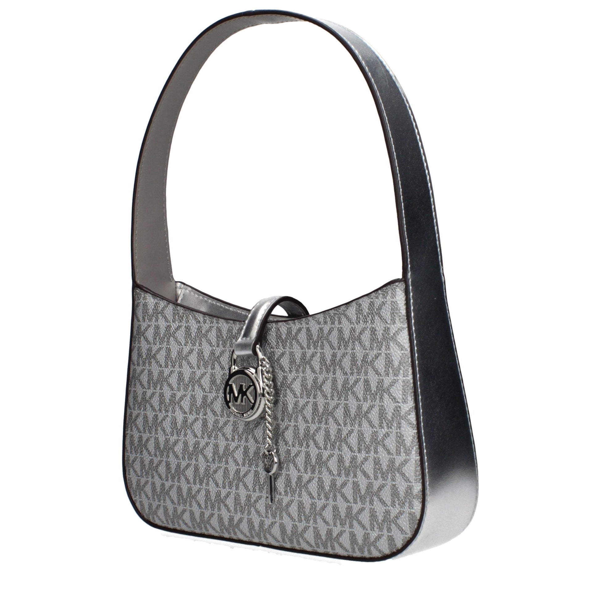 This Handbag by Michael Kors for women in fabric and gray & silver presents a sculptural silhouette featuring a secure , ample , and versatile adjustable-strap for a sculptural finish.