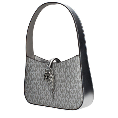 This Handbag by Michael Kors for women in fabric and gray & silver presents a sculptural silhouette featuring a secure , ample , and versatile adjustable-strap for a sculptural finish.