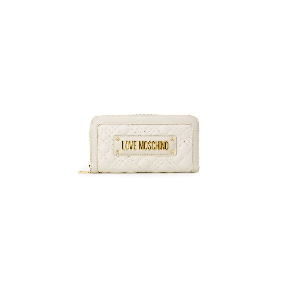 Wallet by Love Moschino for women in polyethylene & polyurethane beige, gold & signature showcases a discerning silhouette, artfully capturing the essence of Polyethylene & Polyurethane Wallet with its functional compact-design.