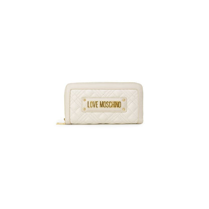 Wallet by Love Moschino for women in polyethylene & polyurethane beige, gold & signature showcases a discerning silhouette, artfully capturing the essence of Polyethylene & Polyurethane Wallet with its functional compact-design.