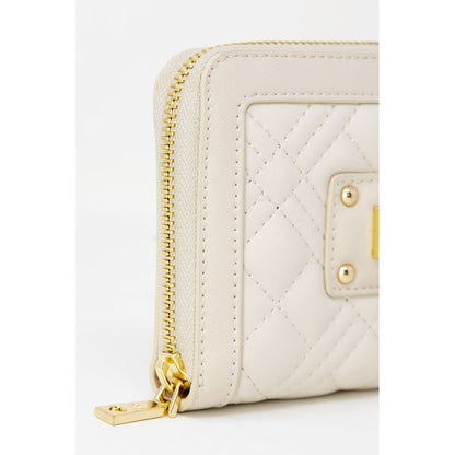 Wallet by Love Moschino for women in polyethylene & polyurethane beige, gold & signature presents a streamlined silhouette, showcasing the sophisticated design of the Polyethylene & Polyurethane Wallet collection with functional compact-design.