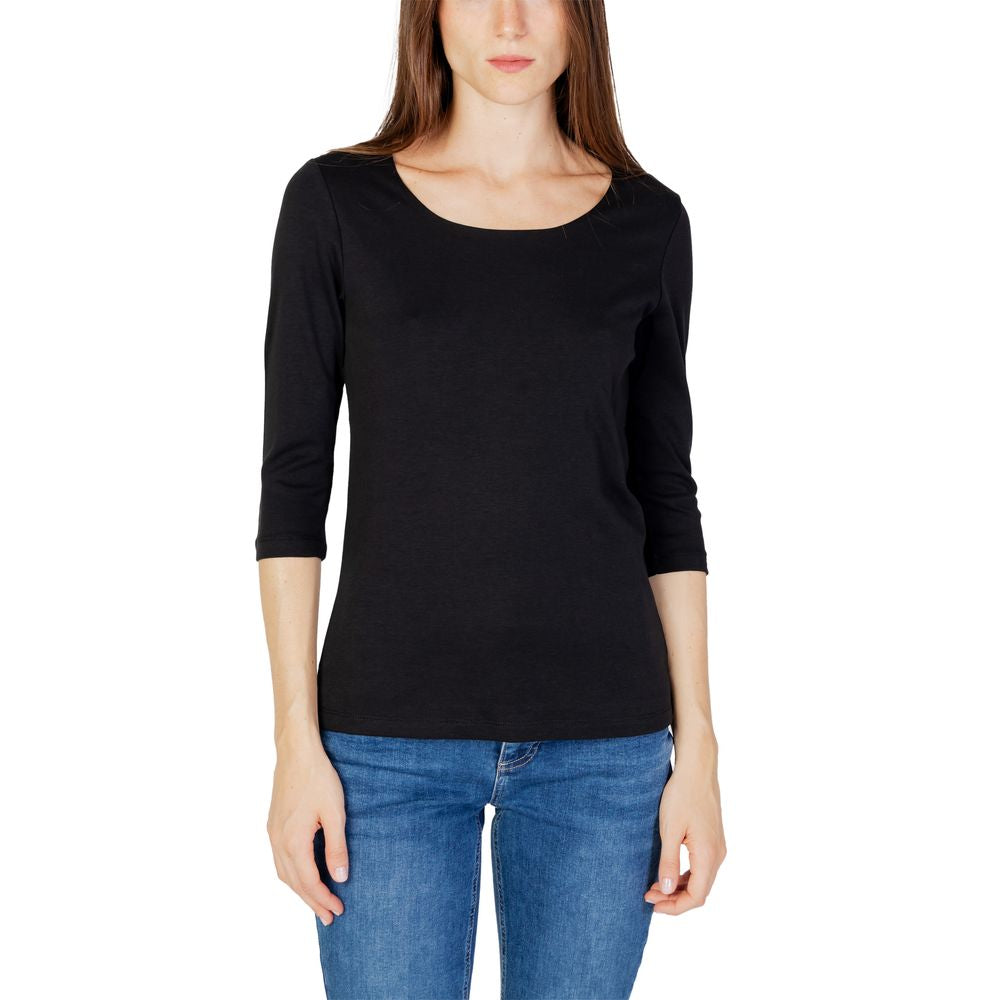 T-Shirt by Street One for women in modal & cotton black showcases a unassuming silhouette, artfully detailed with a refined round neckline and unassuming three-quarter-sleeve; long-sleeve for a sophisticated, contemporary look.