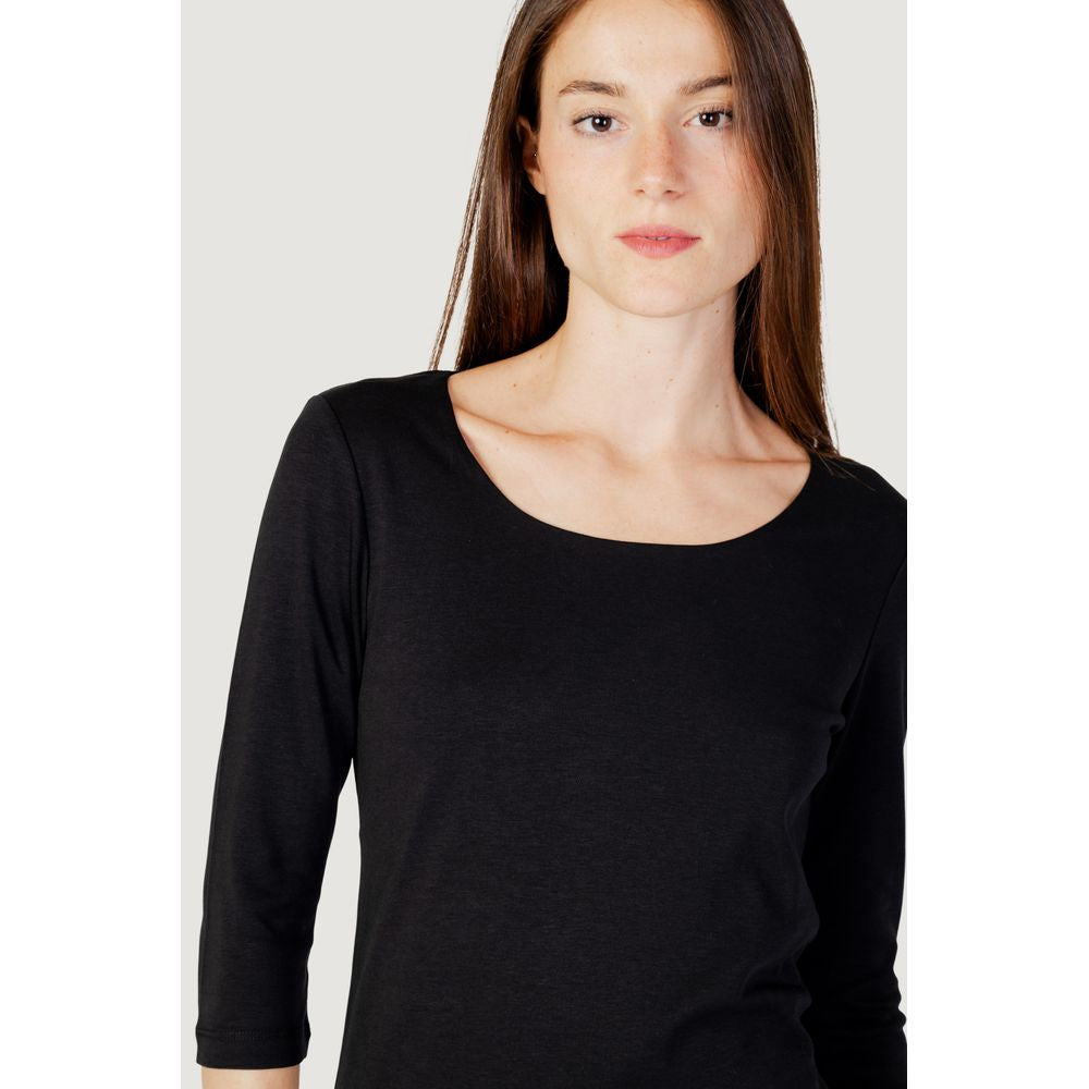 T-Shirt by Street One for women in modal & cotton black showcases a fashionable silhouette, elegantly detailed with a fashionable and round neckline for a sophisticated, high-fashion look.