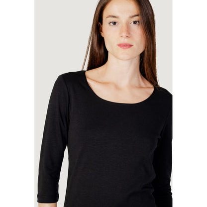 T-Shirt by Street One for women in modal & cotton black showcases a fashionable silhouette, elegantly detailed with a fashionable and round neckline for a sophisticated, high-fashion look.