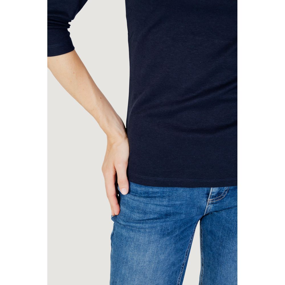 T-Shirt by Street One for women in modal & cotton blue showcases a dramatic silhouette, elegantly detailed with a dramatic round neckline and for a truly dramatic finish.