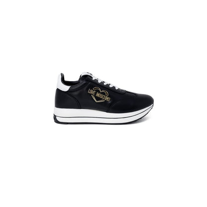 Sneakers by Love Moschino for women in synthetic leather black & gold features an opulent silhouette from the Women's Padded Low-Top Casual Synthetic Leather Sneakers collection, showcasing a signature low-top casual style with an opulent finish.