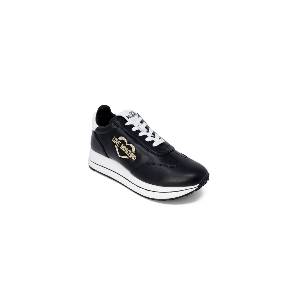 Sneakers by Love Moschino for women in synthetic leather black & gold features an sumptuous silhouette, showcasing the premium Women's Padded Low-Top Casual Synthetic Leather Sneakers in a sumptuous low-top casual style that offers a sumptuous finish for refined style.