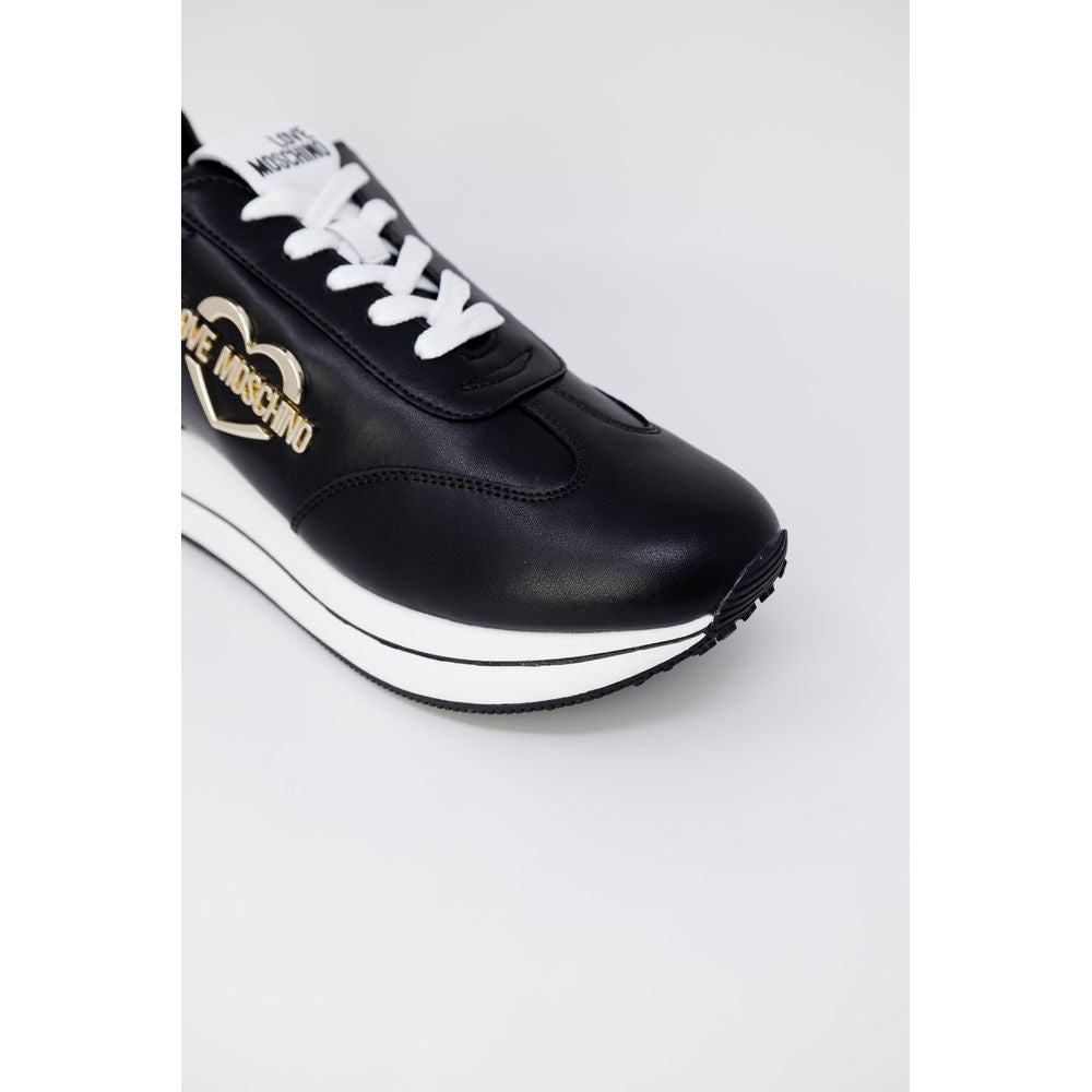 Sneakers by Love Moschino for women in synthetic leather black & gold features an sumptuous design from the Women's Padded Low-Top Casual Synthetic Leather Sneakers collection, highlighting a sumptuous low-top casual style for a premium, high-fashion look.