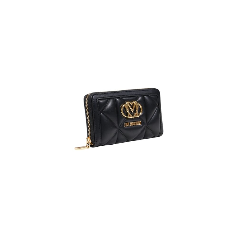 Wallet by Love Moschino for women in polyethylene & polyurethane black & gold showcases a refined silhouette, artfully capturing the essence of the refined Polyethylene & Polyurethane Wallet design with functional compact-design zip-around.