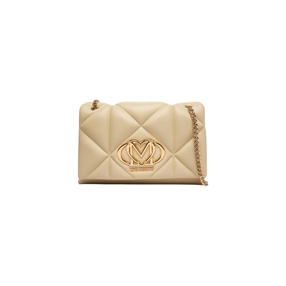 Medium Quilted Shoulder Handbag by Love Moschino for women in faux leather beige & gold features a refined silhouette, showcasing a secure , organized , and versatile shoulder-strap for a refined finish.