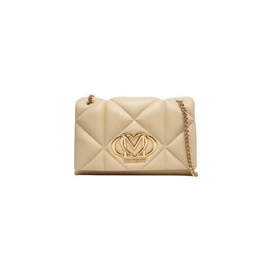 Medium Quilted Shoulder Handbag by Love Moschino for women in faux leather beige & gold features a refined silhouette, showcasing a secure , organized , and versatile shoulder-strap for a refined finish.