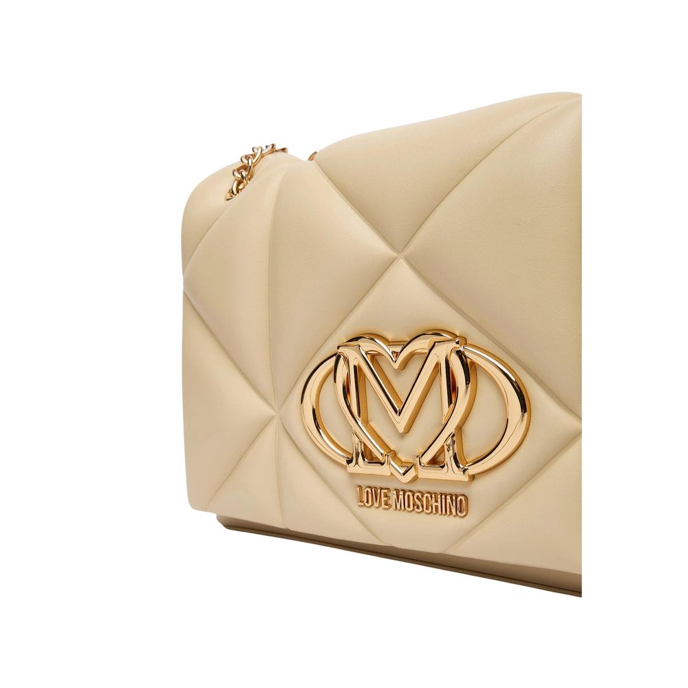 Medium Quilted Shoulder Handbag by Love Moschino for women in faux leather beige & gold features a signature silhouette, showcasing a secure and signature with versatile shoulder-strap for a sophisticated look.