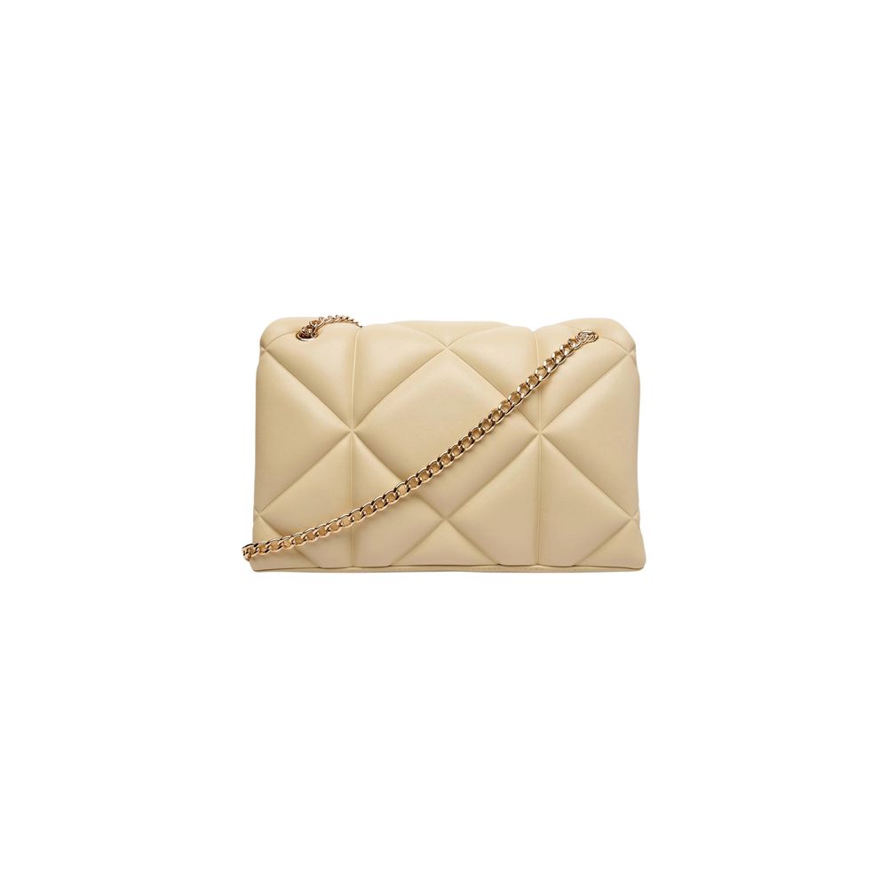 Medium Quilted Shoulder Handbag by Love Moschino for women in faux leather beige & gold features an refined silhouette, showcasing a secure , ample , and versatile shoulder-strap for a sophisticated refined aesthetic.