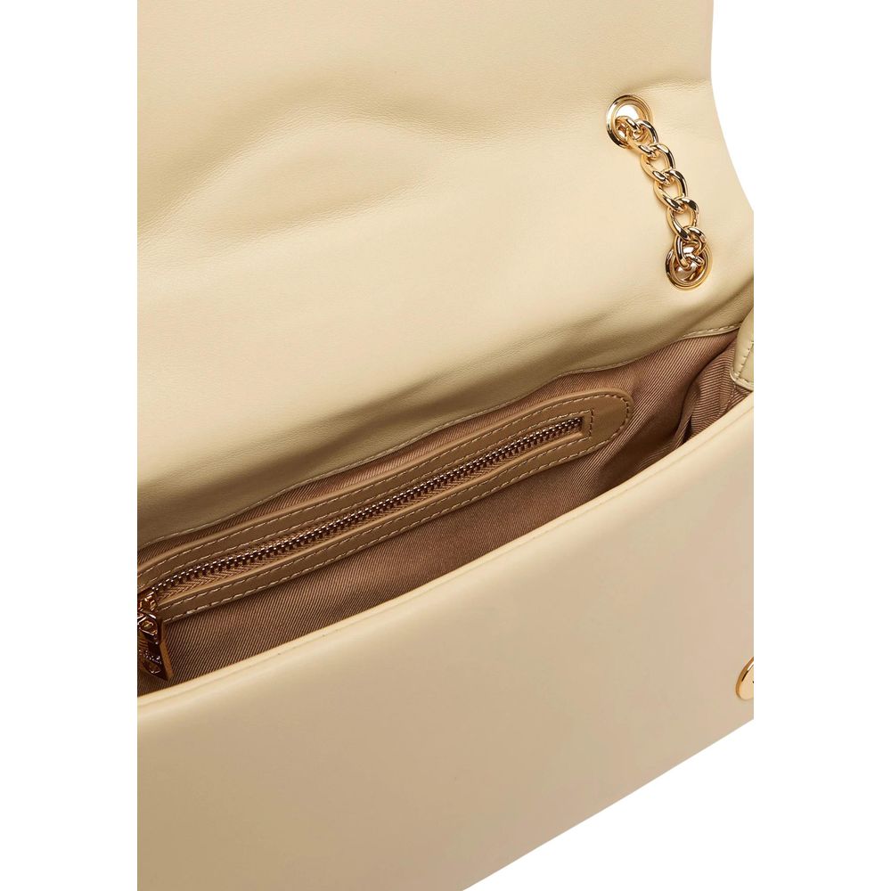 Medium Quilted Shoulder Handbag by Love Moschino for women in faux leather beige & gold features a ornamental silhouette, showcasing a secure , ample , and ornamental shoulder-strap for a sophisticated look.