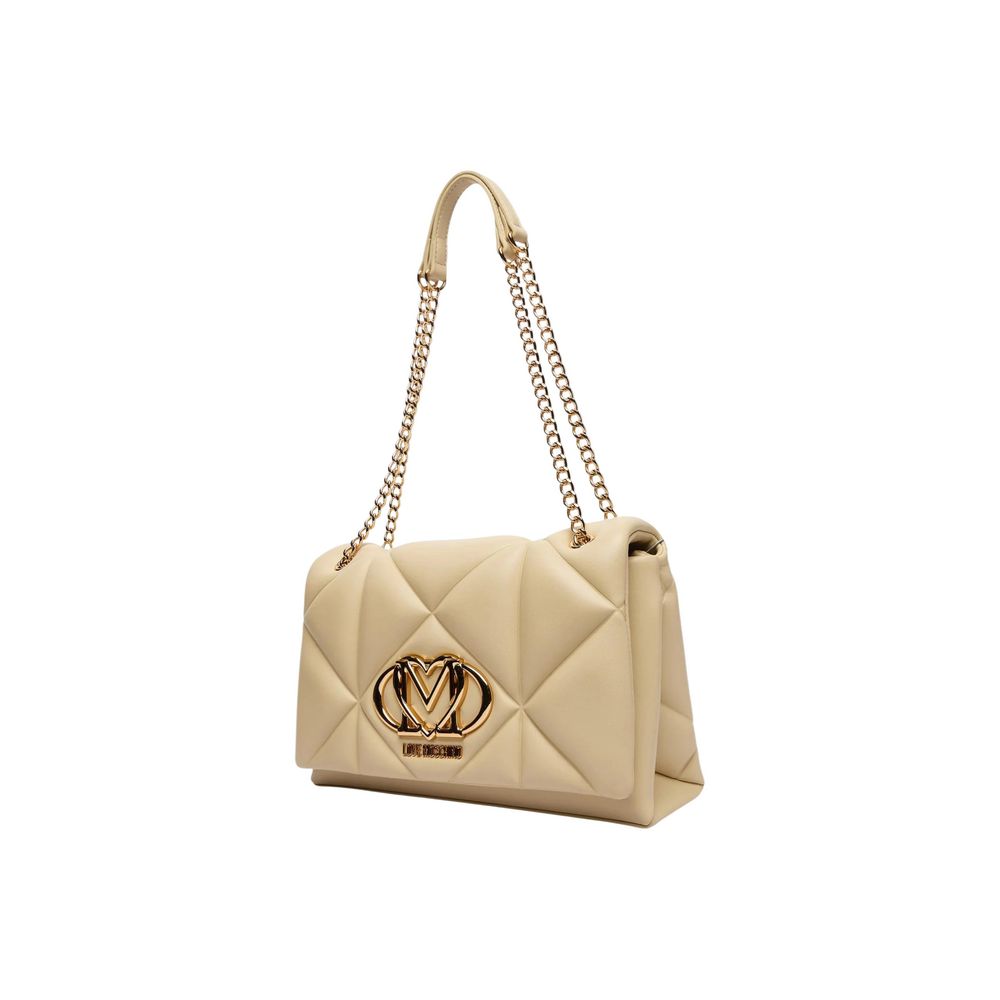 Medium Quilted Shoulder Handbag by Love Moschino for women in faux leather beige & gold features a signature silhouette, showcasing a secure and signature with versatile shoulder-strap for a sophisticated look.