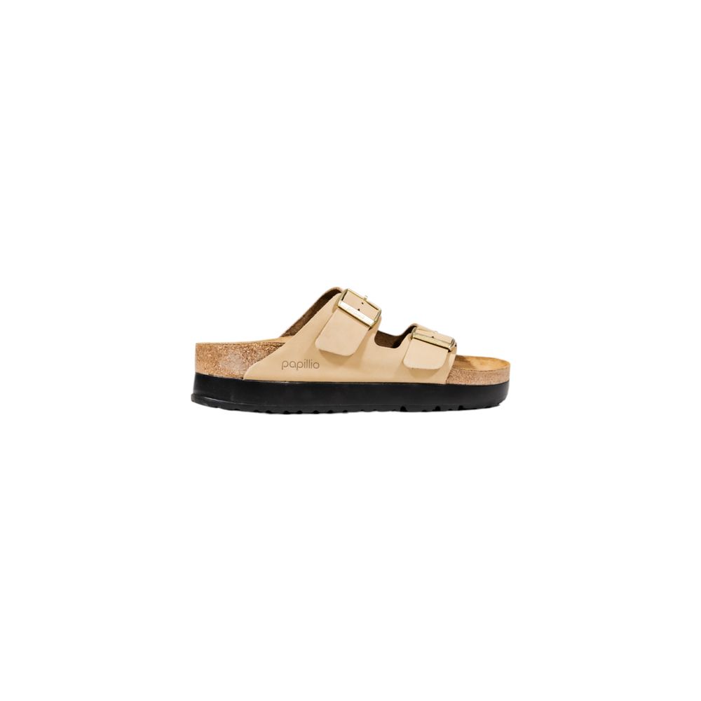 Platform Sandals by Birkenstock for women in synthetic textile & metal beige features an architectural silhouette, showcasing the architectural Women's Lightweight Synthetic Textile & Metal Platform Sandals with a platform and .