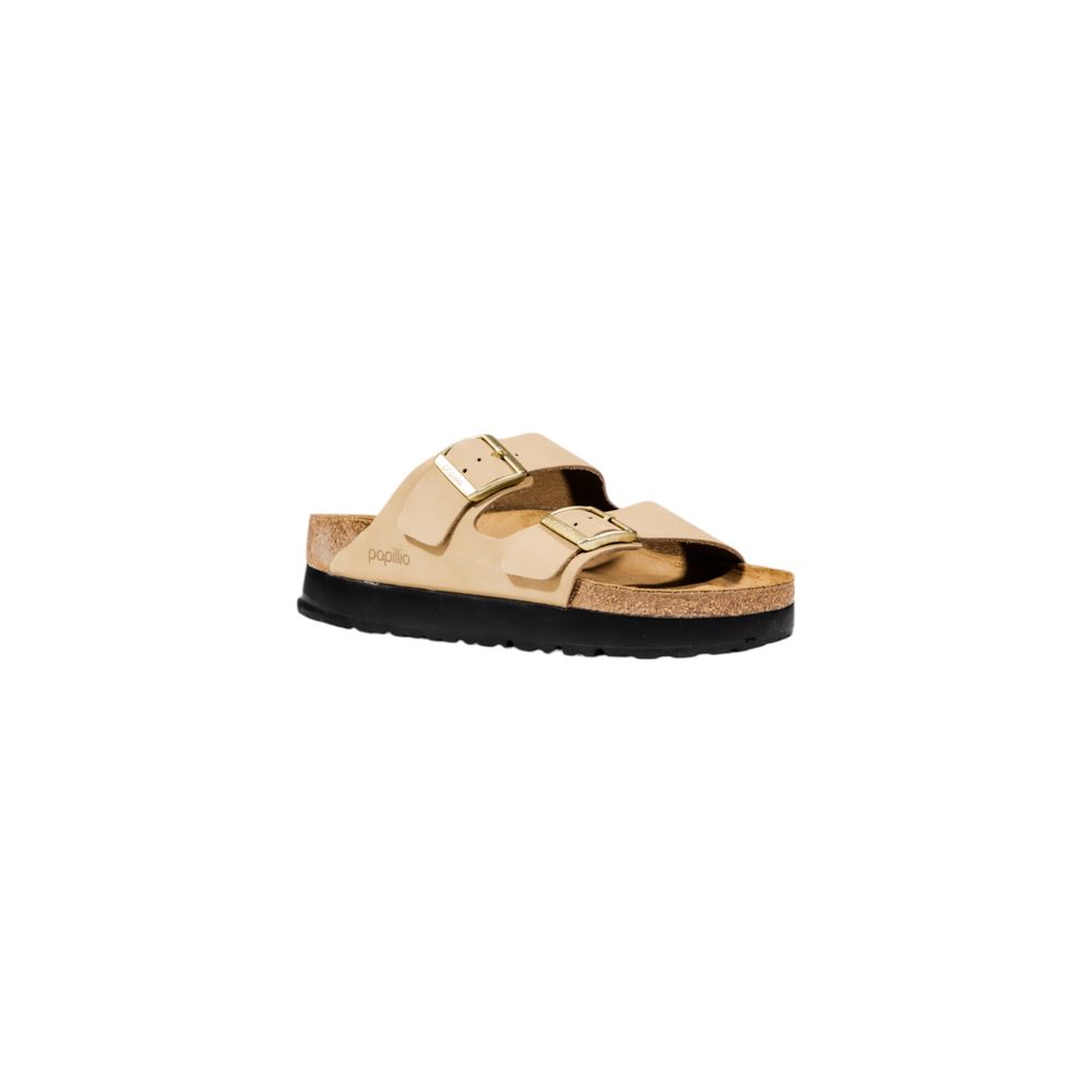 Platform Sandals by Birkenstock for women in synthetic textile & metal beige showcases a sculptural silhouette as Women's Lightweight Synthetic Textile & Metal Platform Sandals, defined by a sculptural platform and sculptural for a sculptural look.