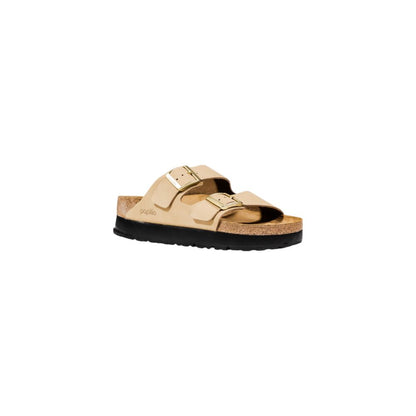 Platform Sandals by Birkenstock for women in synthetic textile & metal beige showcases a sculptural silhouette as Women's Lightweight Synthetic Textile & Metal Platform Sandals, defined by a sculptural platform and sculptural for a sculptural look.