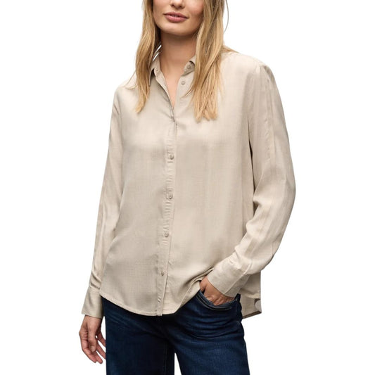 Shirt by Street One for women in viscose beige features an architectural silhouette with a refined long-sleeve and elegant round neckline for a architectural look.