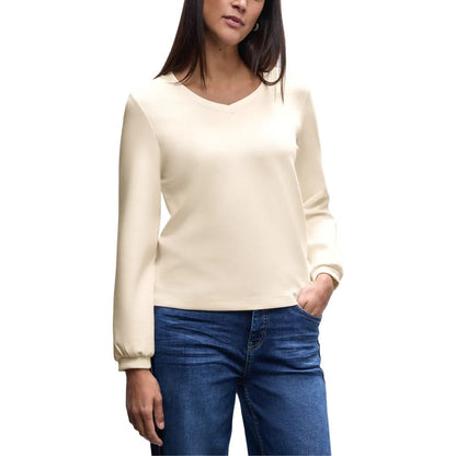 Activewear Sweatshirt by Street One for women in stretch lycra modal & silk beige presents a sporty silhouette, showcasing a sophisticated v-neck crew neckline and long-sleeve detailed with premium for a sporty finish.
