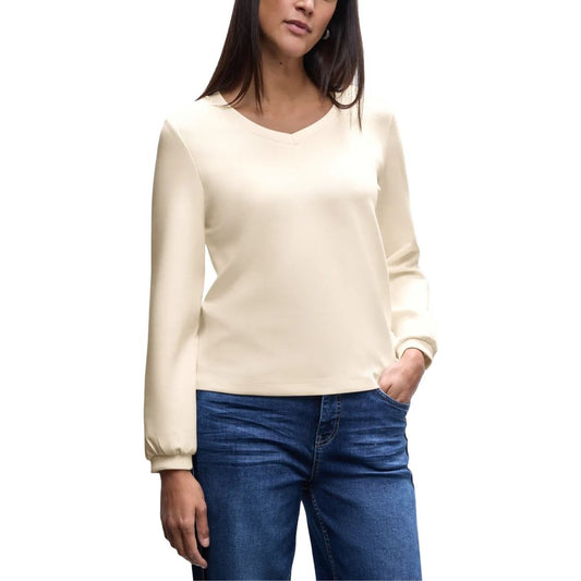 Activewear Sweatshirt by Street One for women in stretch lycra modal & silk beige presents a sporty silhouette, showcasing a sophisticated v-neck crew neckline and long-sleeve detailed with premium for a sporty finish.