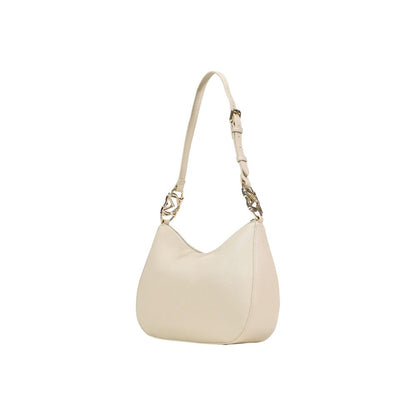 Medium Shoulder Handbag by Love Moschino for women in polyethylene & polyurethane beige, gold & signature features a signature silhouette, showcasing a secure and signature with versatile shoulder-strap & adjustable-strap for a sophisticated look.