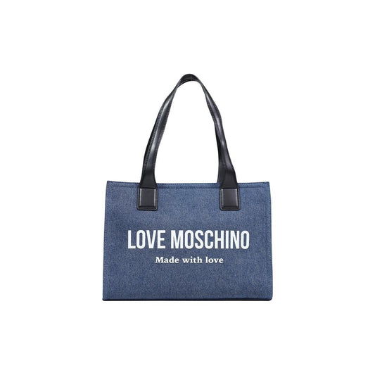 Large Handbag by Love Moschino for women in cotton & faux leather blue & print features a signature silhouette, showcasing a secure and signature with versatile handle for a sophisticated look.
