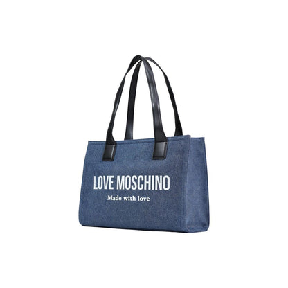 Large Handbag by Love Moschino for women in cotton & faux leather blue & print presents a ornamental silhouette, showcasing a secure , ample , and versatile handle for a ornamental finish.