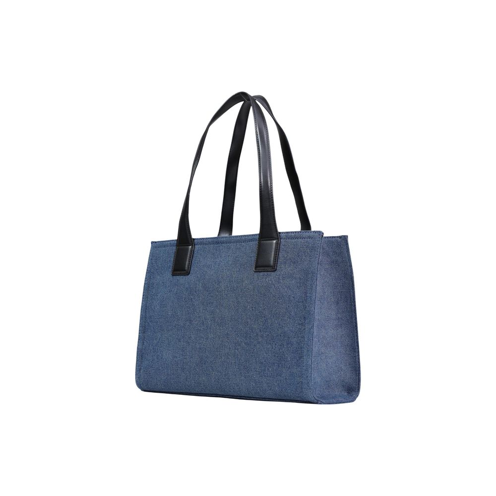 Large Handbag by Love Moschino for women in cotton & faux leather blue & print features a ornamental silhouette, showcasing a secure , ample , and ornamental handle for a sophisticated look.